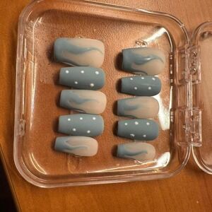 Press On Nails Blue‎ Swirl Polka Dot Square False Nails Full Cover Nail Art